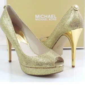 Michael Kors York Evening Platform Open Toe Pumps Heels Gold Glitter